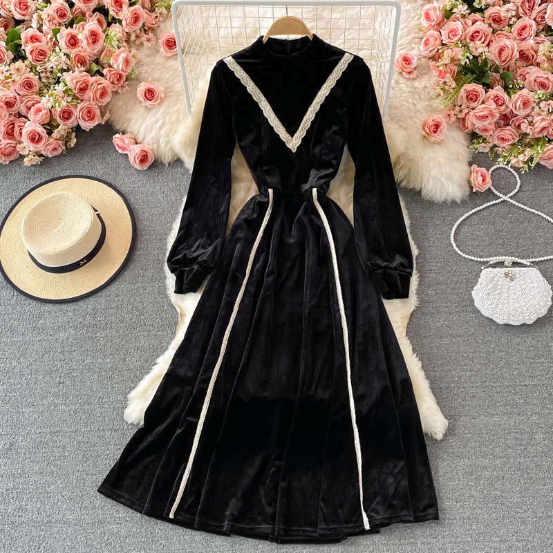 Retro tea break skirt autumn and winter French high-end light luxury temperament was thin stand-up collar velvet dress - Image 5