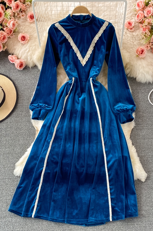 Retro tea break skirt autumn and winter French high-end light luxury temperament was thin stand-up collar velvet dress - Image 7