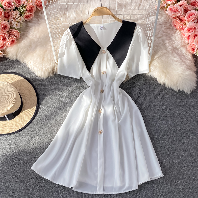Summer New French Style Gentle Doll Collar Dress Tight Waist Graceful Puff Sleeve A- line Skirt Short Skirt - Image 3
