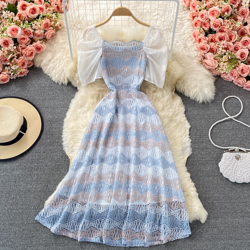 Summer New Tea Break French First Love Sweet Gentle Fresh Fairy Square Collar Puff Sleeve Lace Dress - Image 2