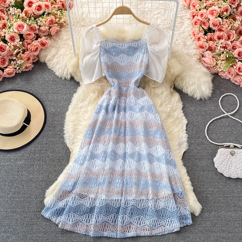 Summer New Tea Break French First Love Sweet Gentle Fresh Fairy Square Collar Puff Sleeve Lace Dress - Image 5
