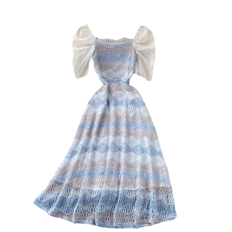 Summer New Tea Break French First Love Sweet Gentle Fresh Fairy Square Collar Puff Sleeve Lace Dress - Image 6