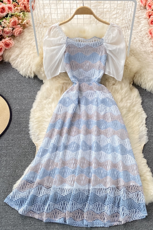 Summer New Tea Break French First Love Sweet Gentle Fresh Fairy Square Collar Puff Sleeve Lace Dress - Image 7