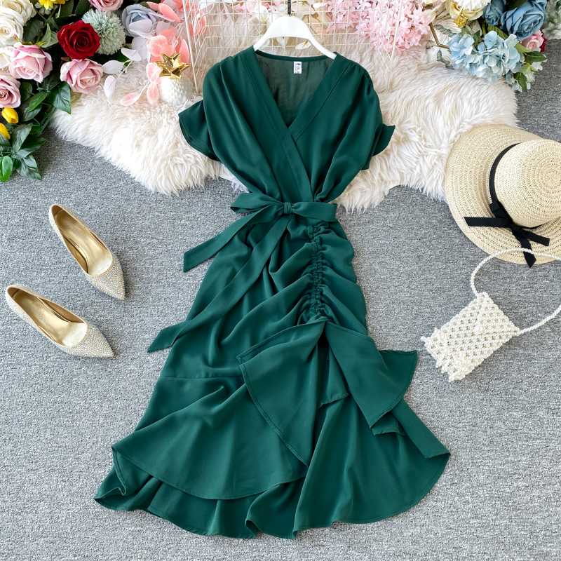 French v-neck dress shirt design restoring ancient ways are irregular fold accept waist split over-the-knee tail long skirt - Image 2
