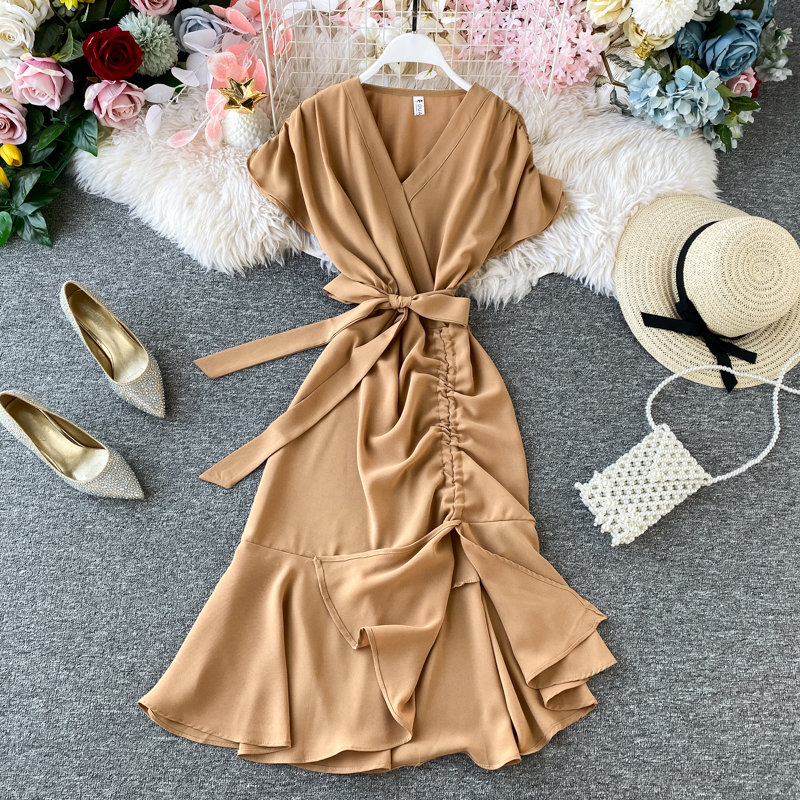 French v-neck dress shirt design restoring ancient ways are irregular fold accept waist split over-the-knee tail long skirt - Image 4