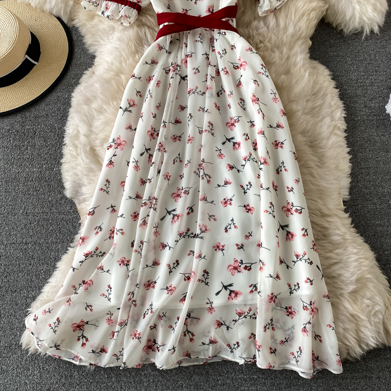 Summer super fairy dress square neck puff sleeve first love fairy dress French retro temperament goddess fan floral skirt - Image 4