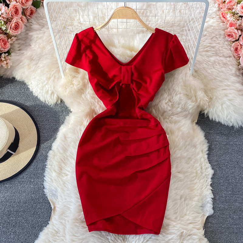 Slim-Fit Short-Sleeved V-neck Sexy Dress Short-Sleeved Summer New Small Ruffle Hip Short Skirt - Image 2
