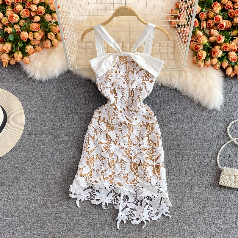 Halter Cut-out Lace Suspender Skirt Female Summer New Waist Slimming Socialite Style Bow Hip-Wrapped Dress Dress - Image 2
