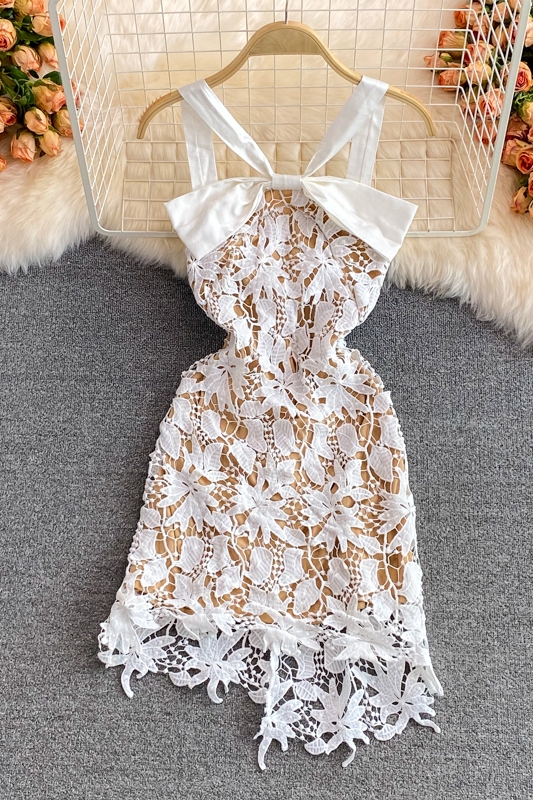 Halter Cut-out Lace Suspender Skirt Female Summer New Waist Slimming Socialite Style Bow Hip-Wrapped Dress Dress - Image 7