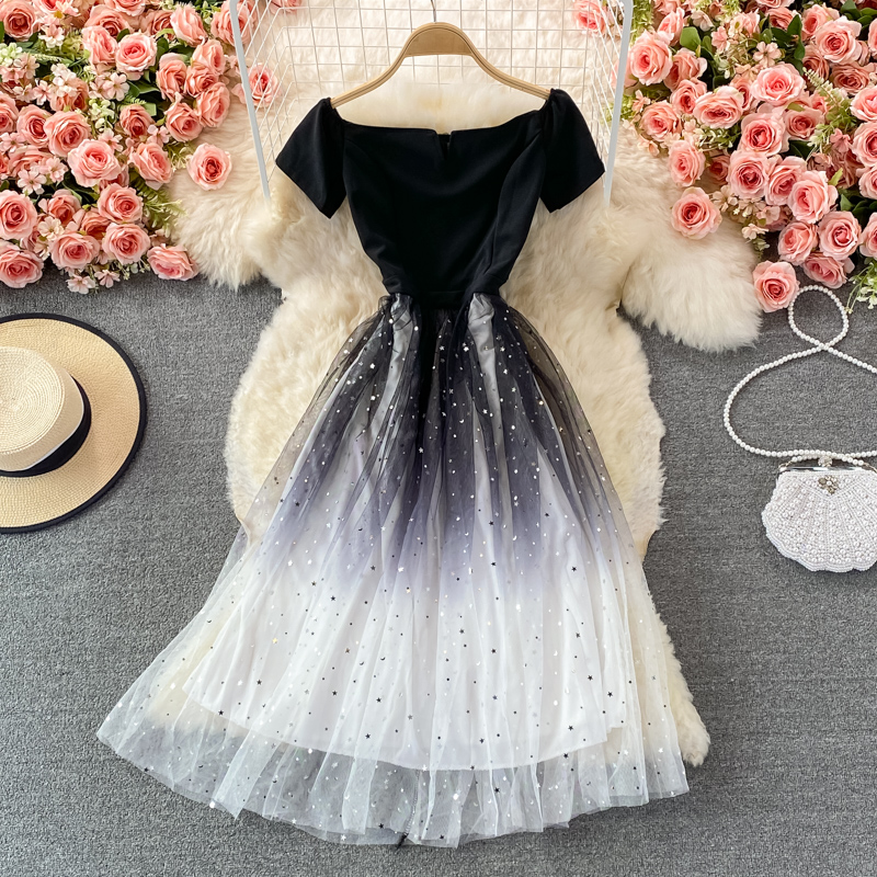 Super Fairy Starry Sky Gradient off-the-Shoulder Gown New Socialite Elegant Dress Slimming Mid-Length Banquet Evening Dress