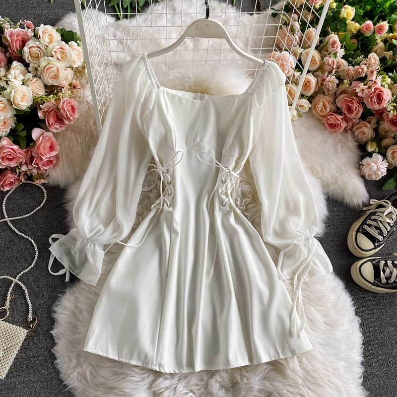 French Style Retro Square Collar Bubble Sleeve Elegant Dress Spring and Autumn New Young Girl Waist Slimming A- line Skirt - Image 2