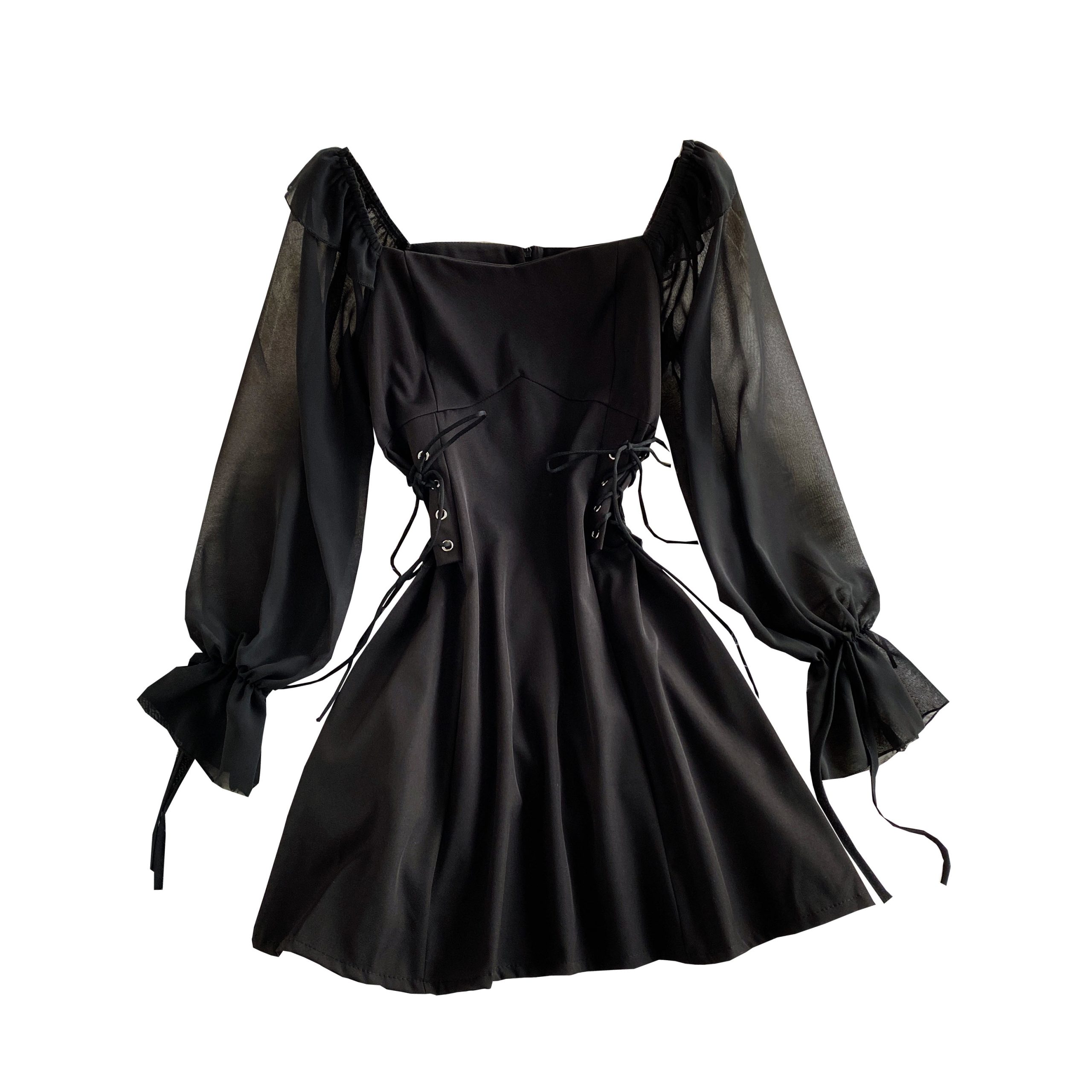 French Style Retro Square Collar Bubble Sleeve Elegant Dress Spring and Autumn New Young Girl Waist Slimming A- line Skirt - Image 6