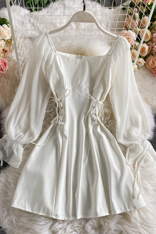French Style Retro Square Collar Bubble Sleeve Elegant Dress Spring and Autumn New Young Girl Waist Slimming A- line Skirt - Image 7