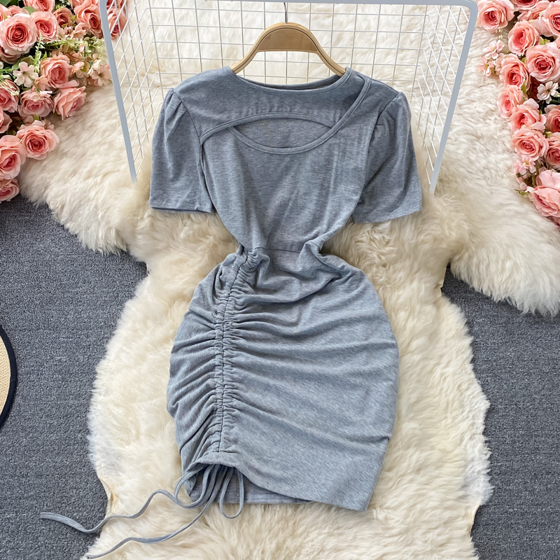 Hollow Western style drawstring waist short-sleeved dress summer new Korean temperament was thin and short hip skirt - Image 2