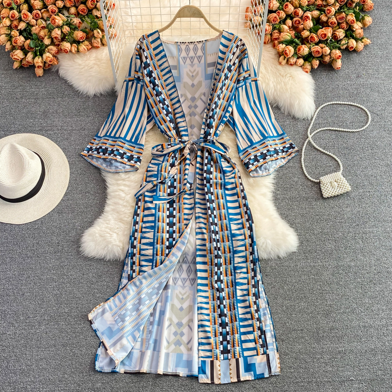 Summer Seaside Holiday Beach Dress Cardigan Long Skirt Temperament V-neck Lace-up Waist Trimming Fashion Print Holiday Dress - Image 2