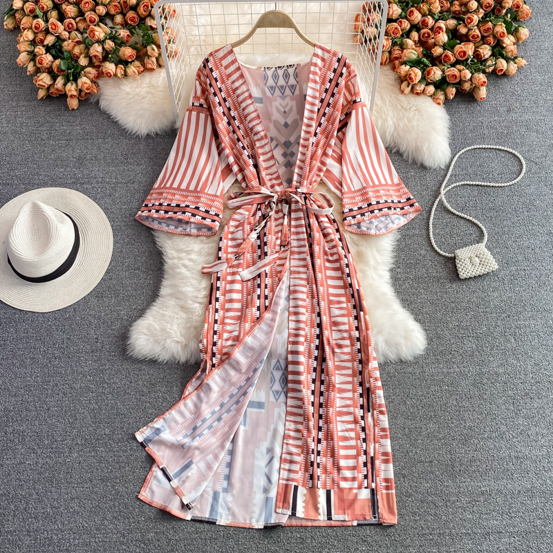 Summer Seaside Holiday Beach Dress Cardigan Long Skirt Temperament V-neck Lace-up Waist Trimming Fashion Print Holiday Dress - Image 3