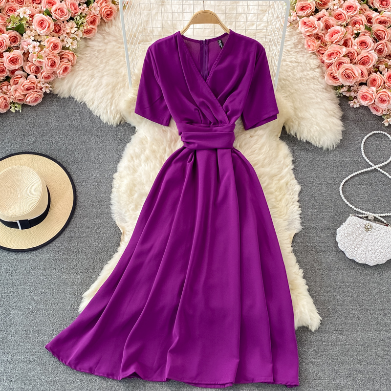 summer French retro bellflower skirt super fairy v-neck waist slimming dress elegant temperament large swing dress