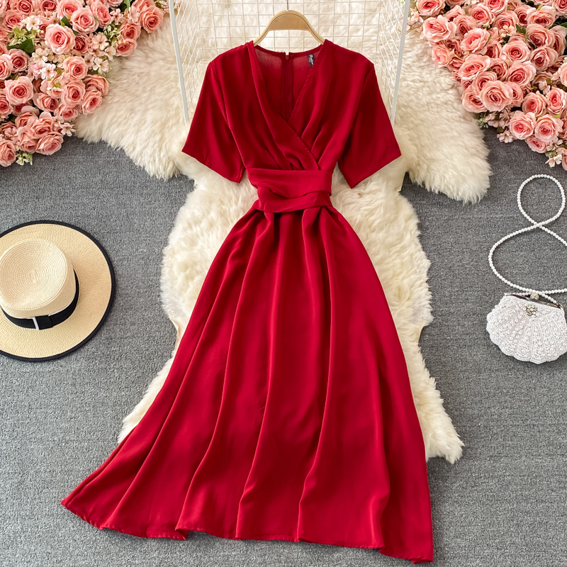 summer French retro bellflower skirt super fairy v-neck waist slimming dress elegant temperament large swing dress - Image 3