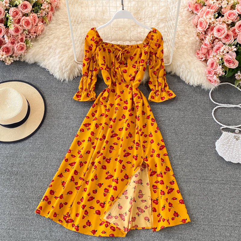 Square Collar Split Dress Summer Chiffon Floral Skirt Elegant Slim-Fit Slimming Seaside Holiday Beach Dress A- line Skirt - Image 2
