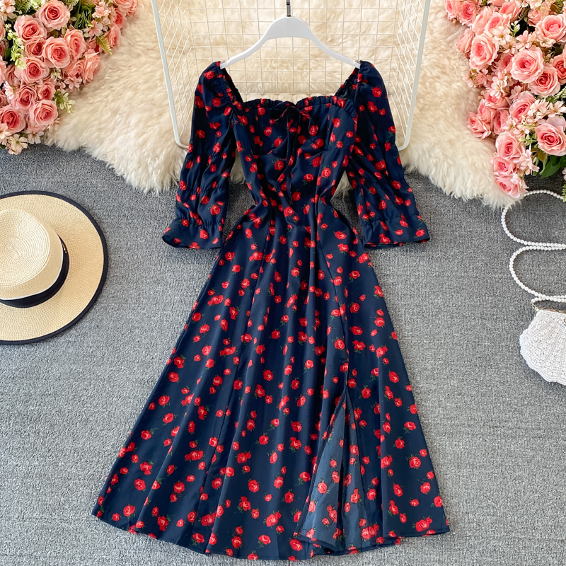 Square Collar Split Dress Summer Chiffon Floral Skirt Elegant Slim-Fit Slimming Seaside Holiday Beach Dress A- line Skirt - Image 3