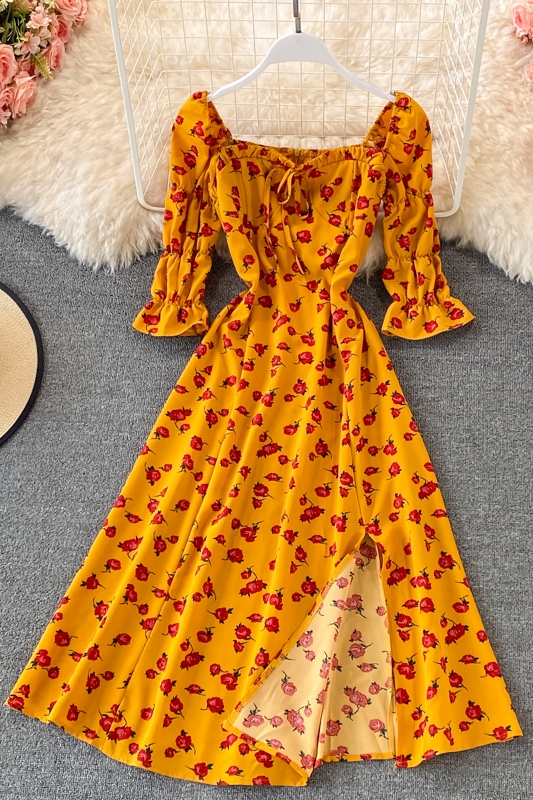 Square Collar Split Dress Summer Chiffon Floral Skirt Elegant Slim-Fit Slimming Seaside Holiday Beach Dress A- line Skirt - Image 7
