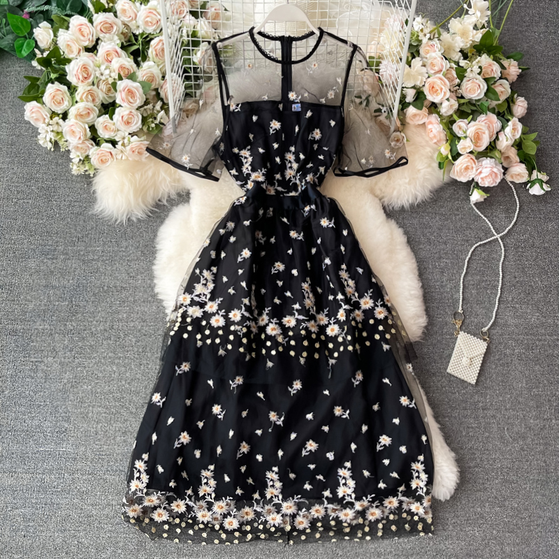 Summer New round Neck See-through Mesh Cinched Embroidery Flower Dress Short Sleeve Elegant Graceful Long Expansion Skirt - Image 2