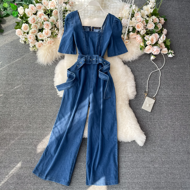 Fashion square neck high waist thin puff sleeve wide-leg pants summer new Korean version of the wild denim jumpsuit trend