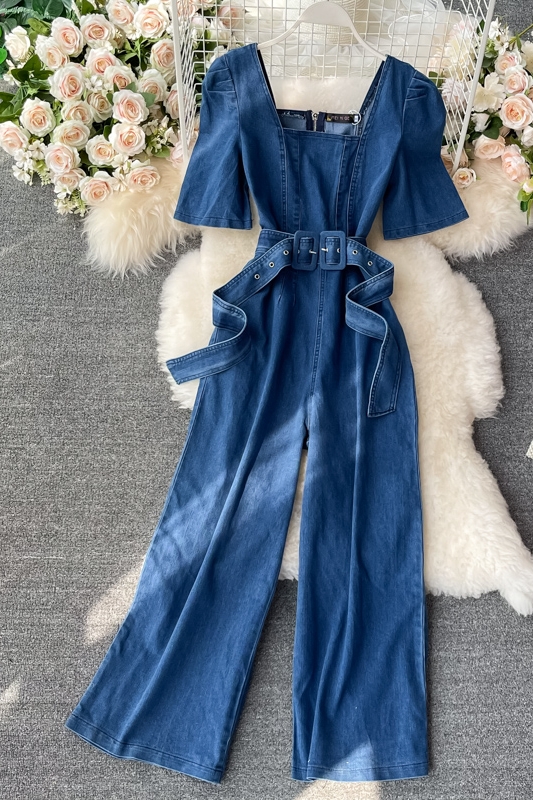 Fashion square neck high waist thin puff sleeve wide-leg pants summer new Korean version of the wild denim jumpsuit trend - Image 7