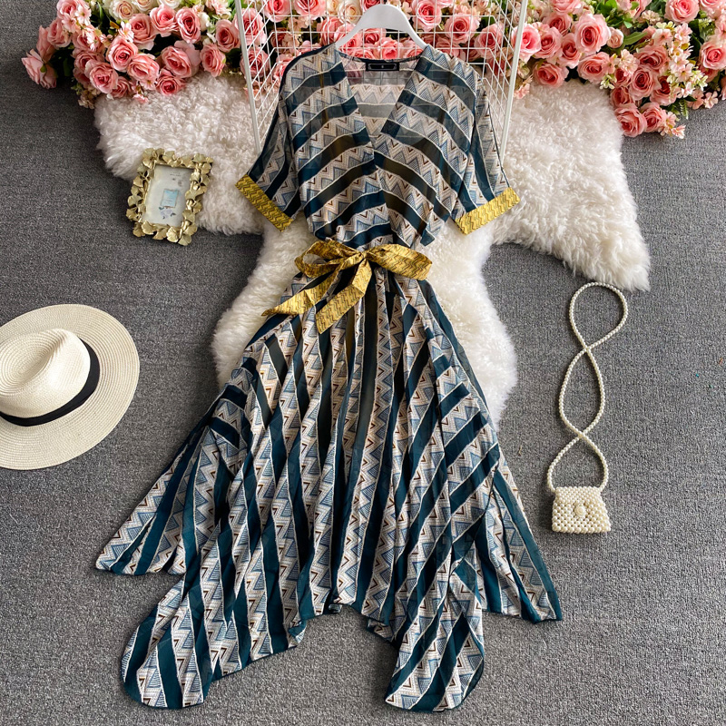 Bali Thailand Travel Super Fairy Beach Skirt Seaside Vacation Bohemian V-neck Chiffon Striped Dress Summer - Image 2