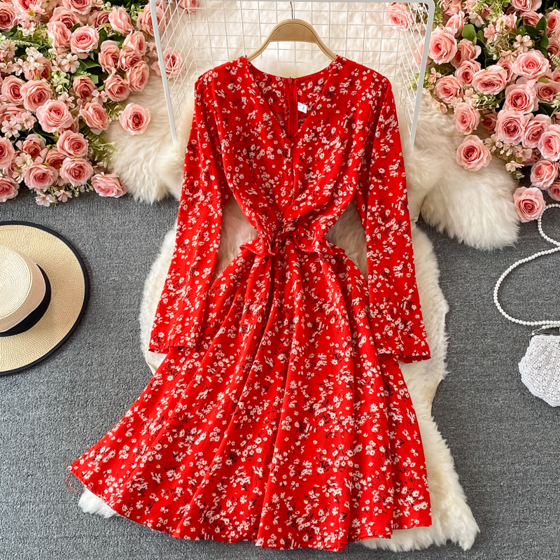 Fallnew French Style Vintage and Little Fresh Floral Skirt Waist Slimming Elegant V-neck Chiffon Dress - Image 4