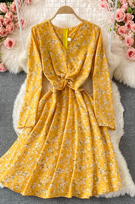 Fallnew French Style Vintage and Little Fresh Floral Skirt Waist Slimming Elegant V-neck Chiffon Dress - Image 7