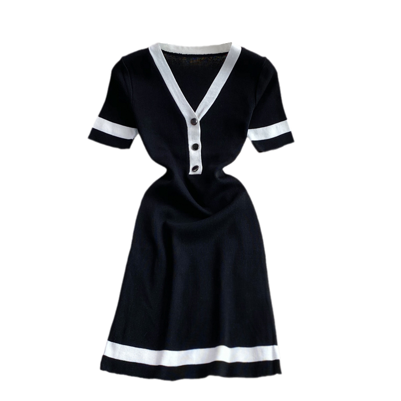 Knitted Dress for Womensummer New Mid-Length Slim-Fit Slimming V-Neckline Contrast Color Waist-Tight Short Hip Skirt - Image 6