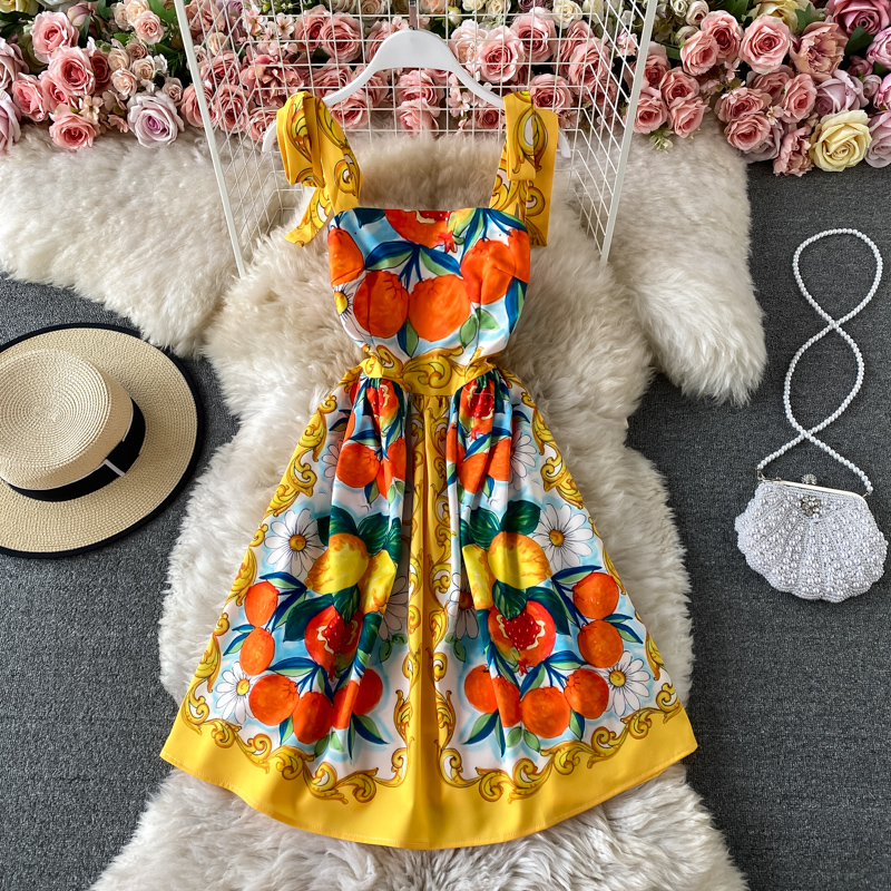 Summer New Bow Bandage Halter Skirt Slim Fit Slim Fit Sweet Printed Age-Reducing Large Swing Dress