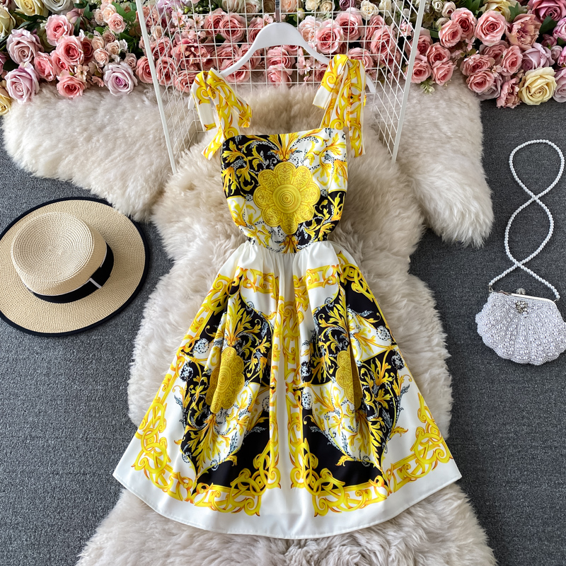 Summer New Bow Bandage Halter Skirt Slim Fit Slim Fit Sweet Printed Age-Reducing Large Swing Dress - Image 3