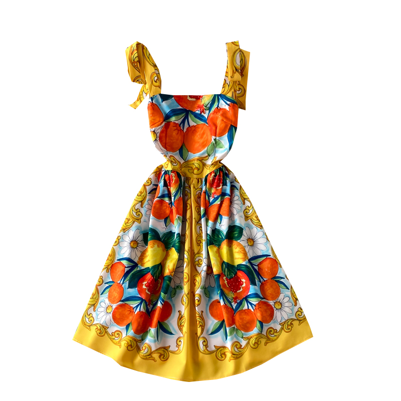 Summer New Bow Bandage Halter Skirt Slim Fit Slim Fit Sweet Printed Age-Reducing Large Swing Dress - Image 6