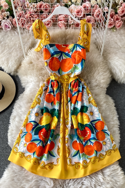 Summer New Bow Bandage Halter Skirt Slim Fit Slim Fit Sweet Printed Age-Reducing Large Swing Dress - Image 7