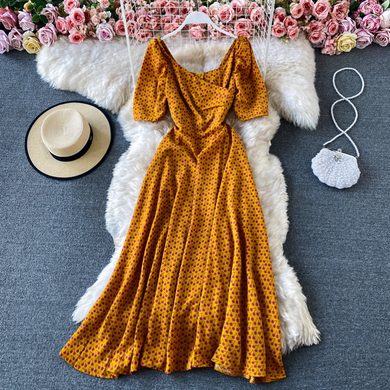 V-neck High Waist Backless Floral Chiffon Dress Short Sleeve Summer New Waist Slimming Graceful Long Expansion Skirt