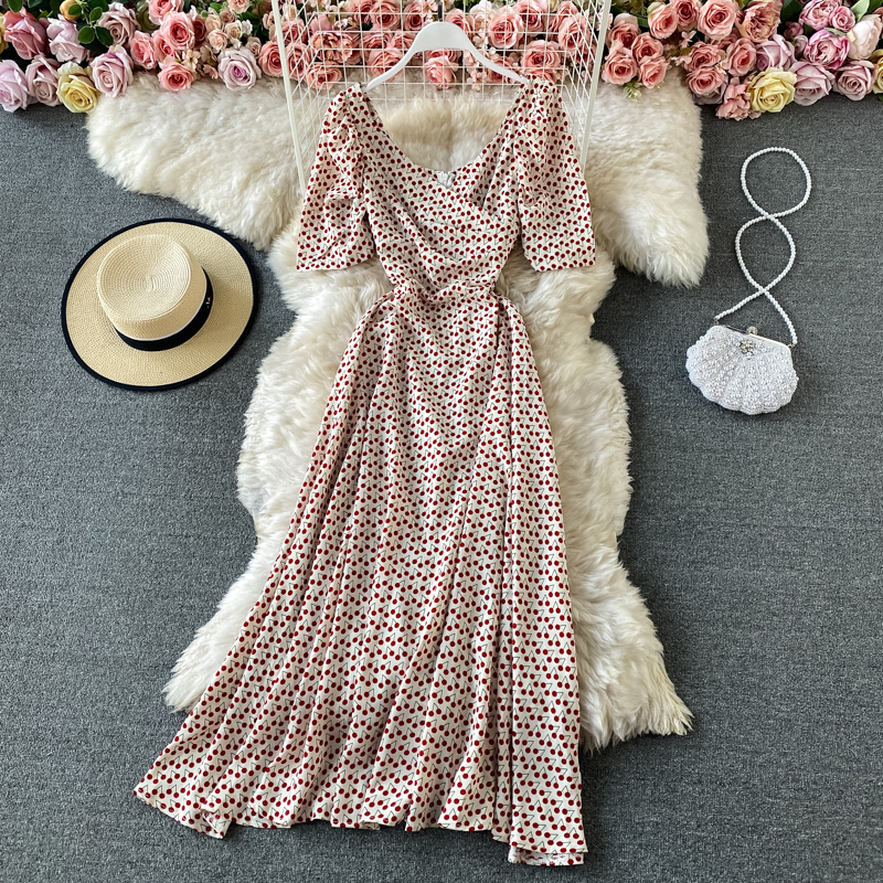 V-neck High Waist Backless Floral Chiffon Dress Short Sleeve Summer New Waist Slimming Graceful Long Expansion Skirt - Image 5