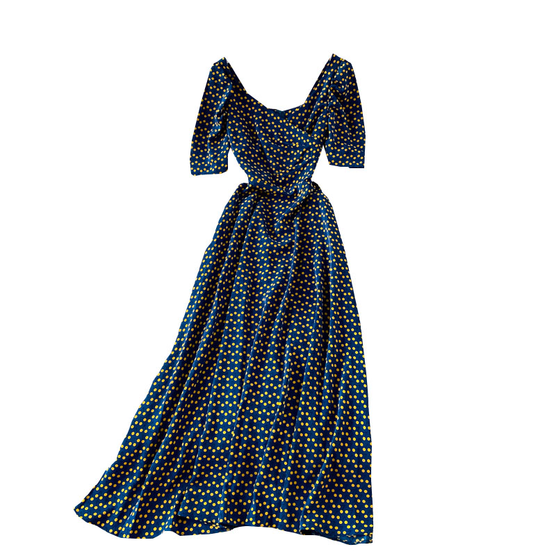 V-neck High Waist Backless Floral Chiffon Dress Short Sleeve Summer New Waist Slimming Graceful Long Expansion Skirt - Image 6
