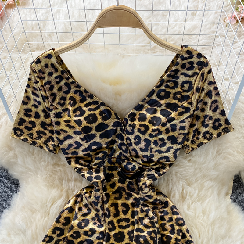 Fashionable Hot Girl Leopard Print Waist Slimming Elegant V-neck Dress Short Sleeve Summer French Style Small A- line Skirt - Image 3
