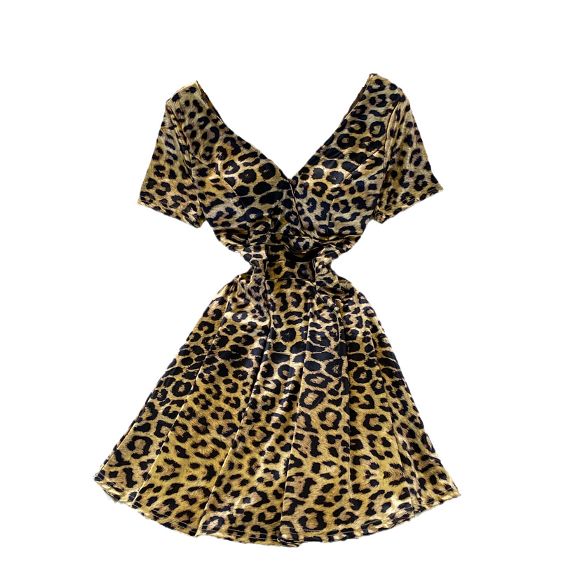 Fashionable Hot Girl Leopard Print Waist Slimming Elegant V-neck Dress Short Sleeve Summer French Style Small A- line Skirt - Image 6