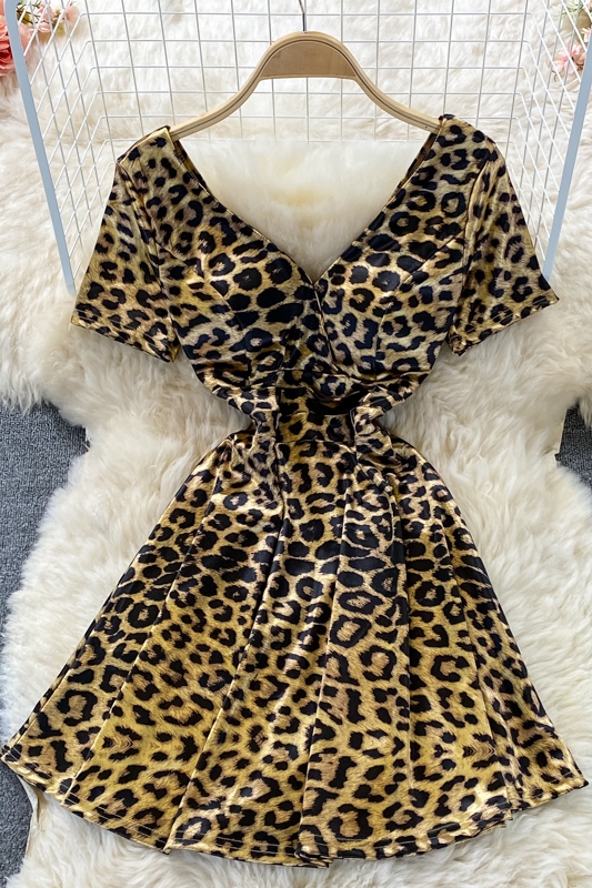 Fashionable Hot Girl Leopard Print Waist Slimming Elegant V-neck Dress Short Sleeve Summer French Style Small A- line Skirt - Image 7