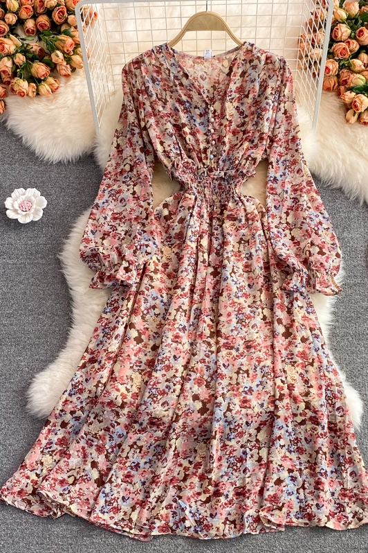 Gentle V-neck Floral Chiffon Dress Autumn New Pleated Long Sleeve Waist-Tight Figure Flattering Wide Hem Long Dress - Image 7