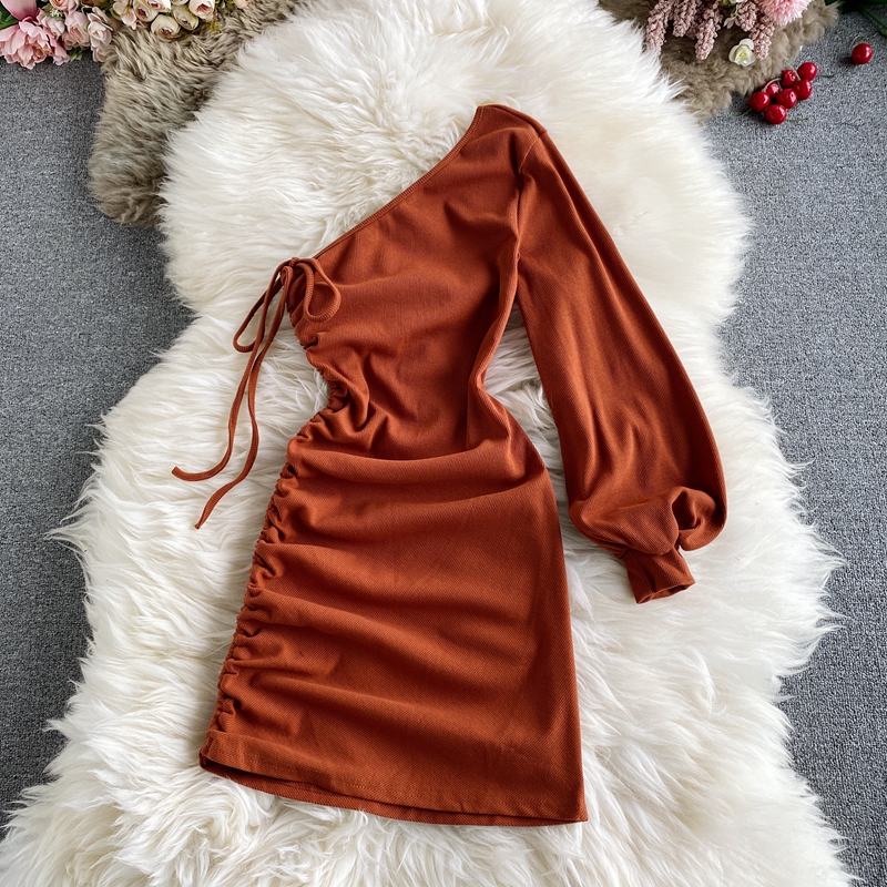Sexy slanted collar strapless female autumn new style temperament light mature wind Yujie long-sleeved irregular hip skirt - Image 2