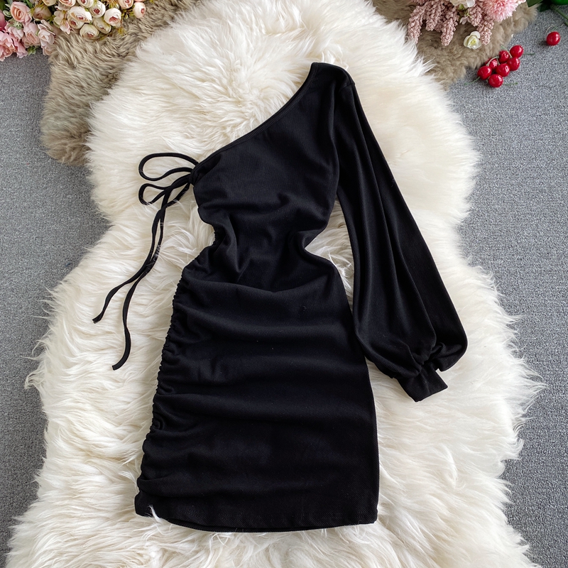 Sexy slanted collar strapless female autumn new style temperament light mature wind Yujie long-sleeved irregular hip skirt - Image 5