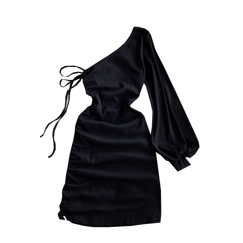 Sexy slanted collar strapless female autumn new style temperament light mature wind Yujie long-sleeved irregular hip skirt - Image 6