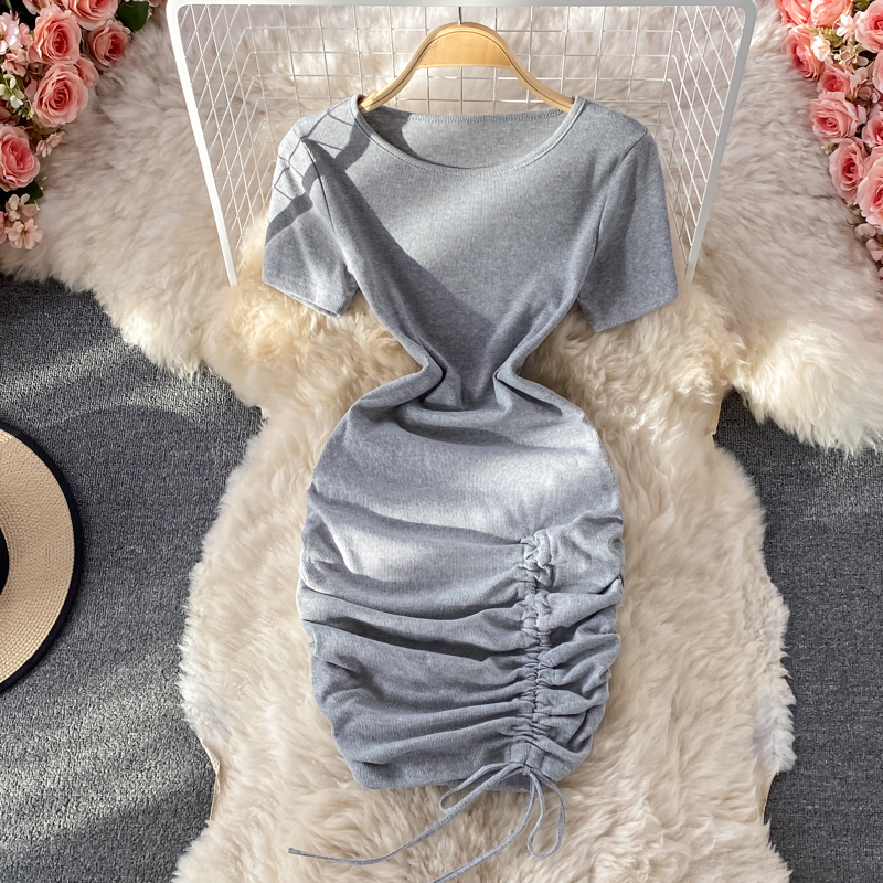 Small pleated short skirt with hips, feminine temperament, light mature style, puff sleeves, slim slimming round neck dress - Image 2