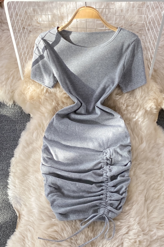 Small pleated short skirt with hips, feminine temperament, light mature style, puff sleeves, slim slimming round neck dress - Image 7