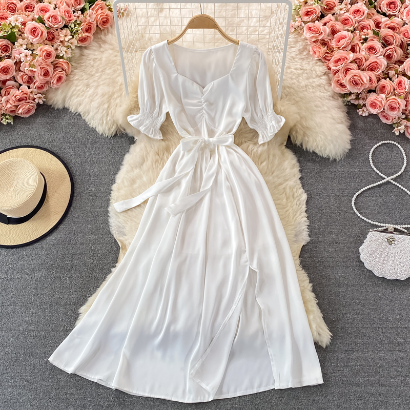 Young Sweet Split Square Collar Dress Female Summer Super Fairy Gentle Graceful Long Expansion Skirt White Fairy Skirt - Image 2