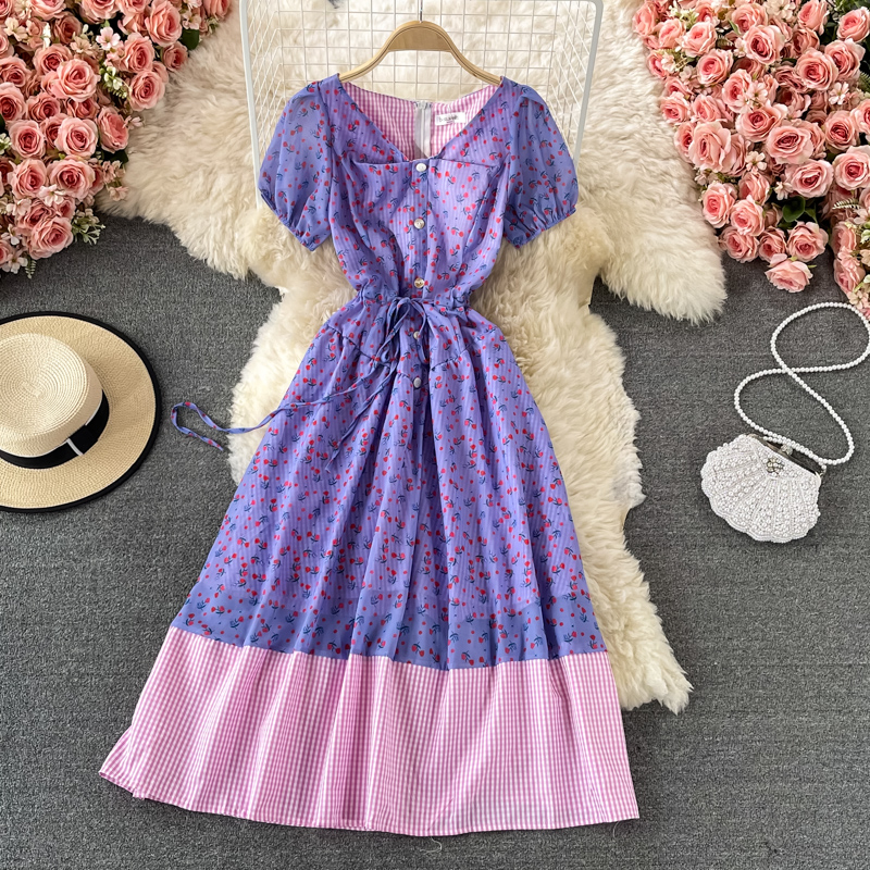 Gentle Floral Print V-neck Dress Summer New Fairy Lady Super Fairy Mori Style French Tight Waist First Love Dress